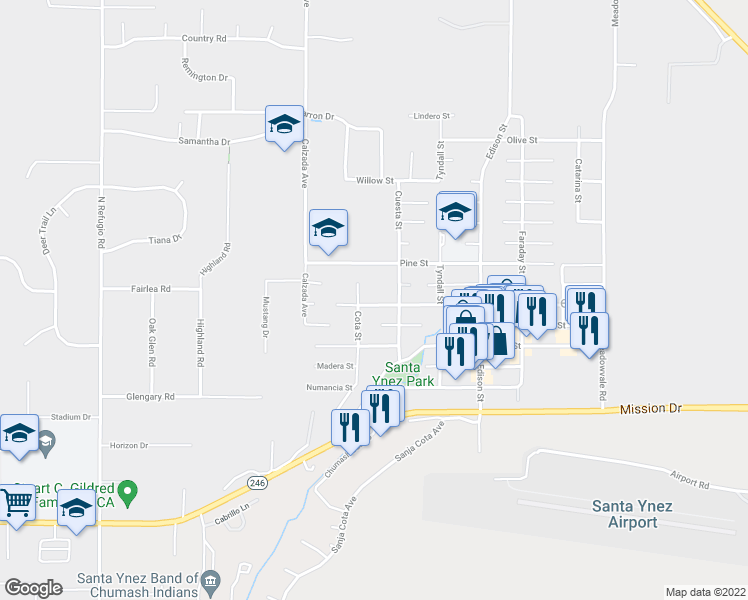 map of restaurants, bars, coffee shops, grocery stores, and more near 3375 Tivola Street in Santa Ynez