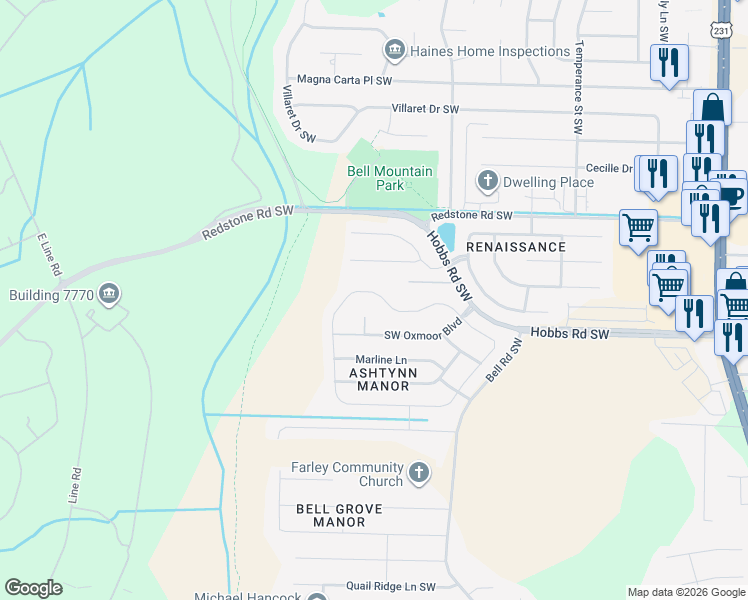 map of restaurants, bars, coffee shops, grocery stores, and more near 2746 Slate Drive Southwest in Huntsville