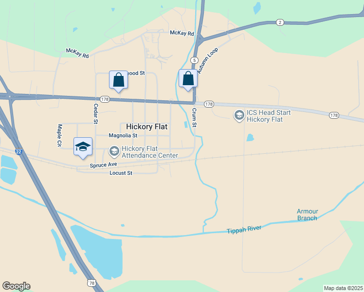 map of restaurants, bars, coffee shops, grocery stores, and more near Mulberry Street in Hickory Flat