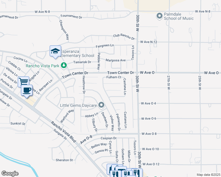 map of restaurants, bars, coffee shops, grocery stores, and more near 3213 Lantana Court in Palmdale