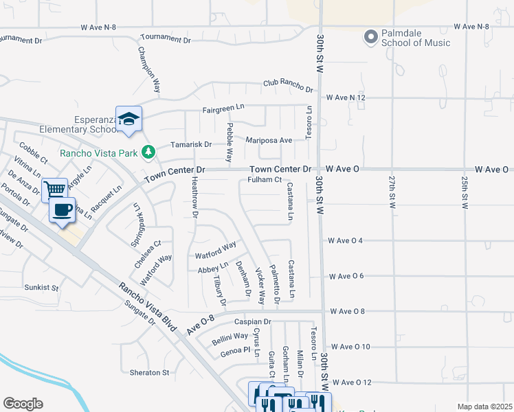 map of restaurants, bars, coffee shops, grocery stores, and more near 3213 Lantana Court in Palmdale