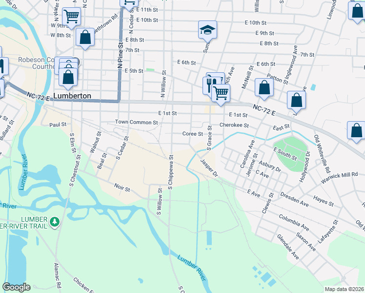 map of restaurants, bars, coffee shops, grocery stores, and more near 812 Watauga Street in Lumberton