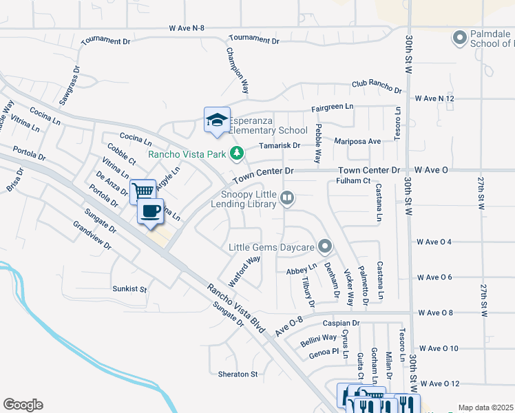 map of restaurants, bars, coffee shops, grocery stores, and more near 3520 Satin Court in Palmdale