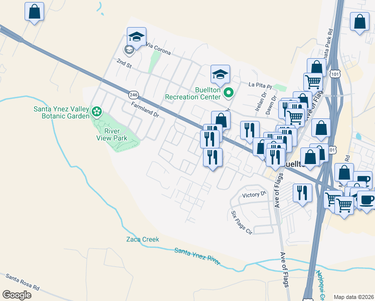 map of restaurants, bars, coffee shops, grocery stores, and more near 330 West Highway 246 in Buellton