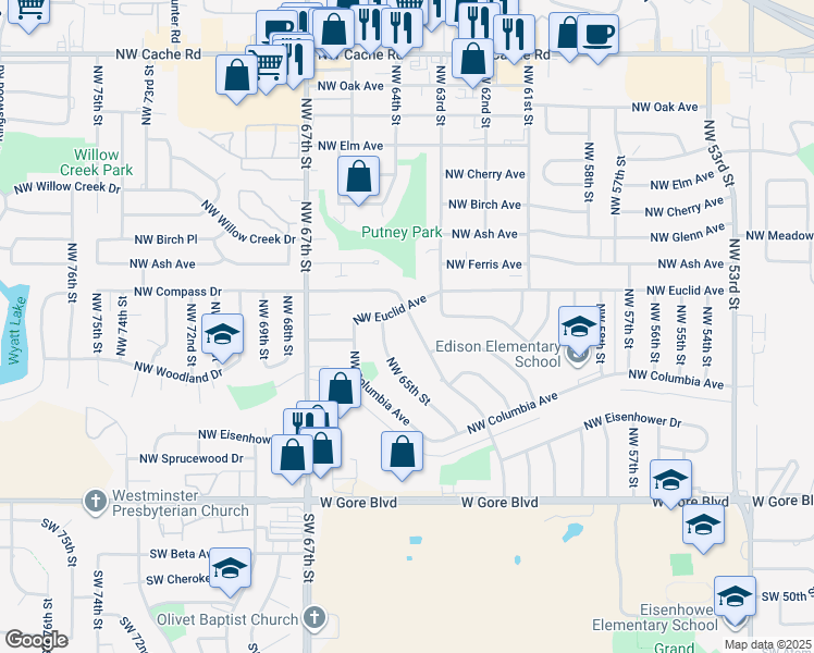 map of restaurants, bars, coffee shops, grocery stores, and more near 348 Northwest Compass Drive in Lawton