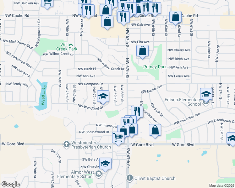 map of restaurants, bars, coffee shops, grocery stores, and more near 410 Northwest 69th Street in Lawton
