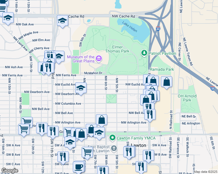 map of restaurants, bars, coffee shops, grocery stores, and more near 601 Northwest Dearborn Avenue in Lawton