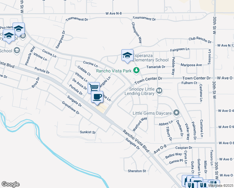 map of restaurants, bars, coffee shops, grocery stores, and more near 40312 Racquet Lane in Palmdale