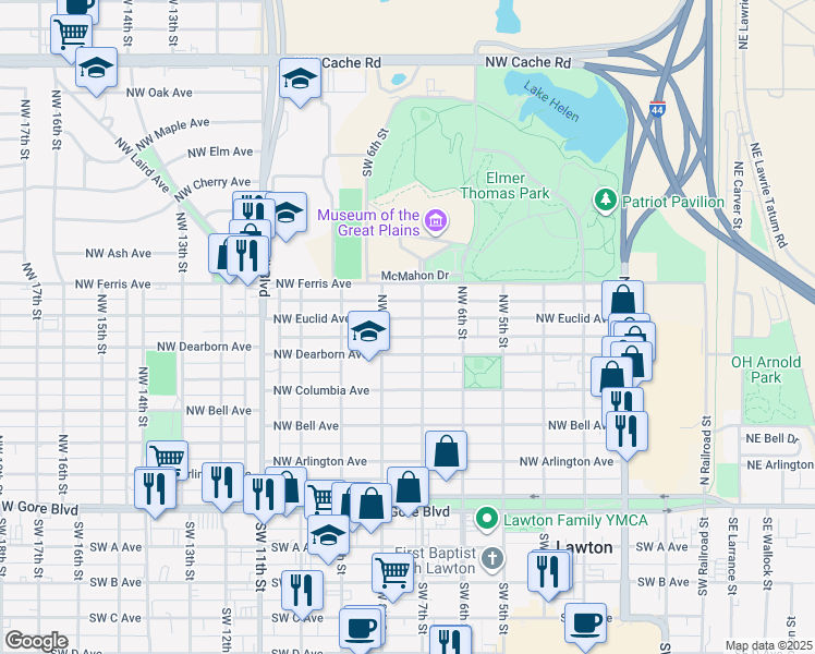 map of restaurants, bars, coffee shops, grocery stores, and more near 701 Northwest Dearborn Avenue in Lawton