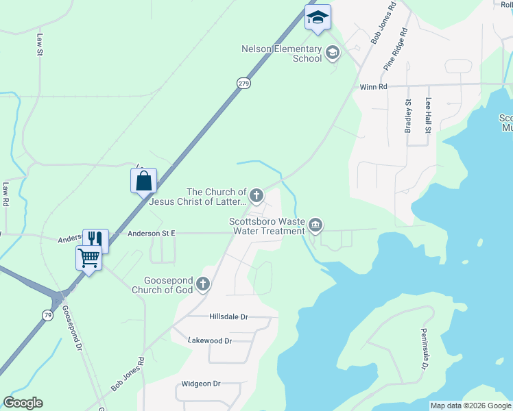 map of restaurants, bars, coffee shops, grocery stores, and more near 19 Greenwood Drive in Scottsboro