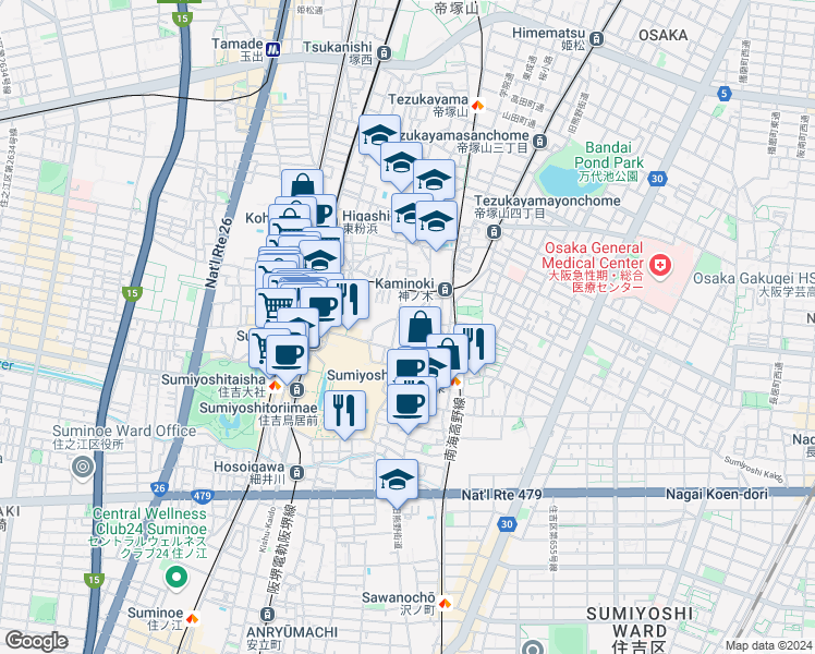 map of restaurants, bars, coffee shops, grocery stores, and more near in Osaka