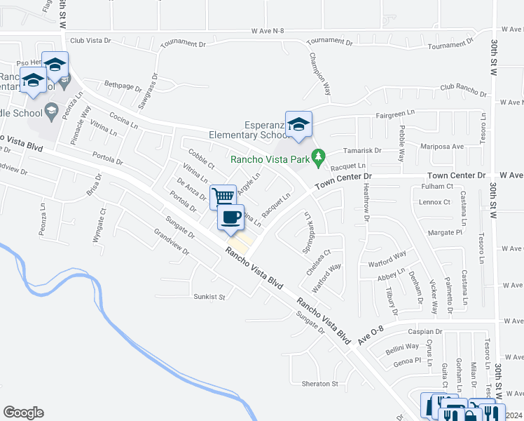 map of restaurants, bars, coffee shops, grocery stores, and more near 40301 Racquet Lane in Palmdale