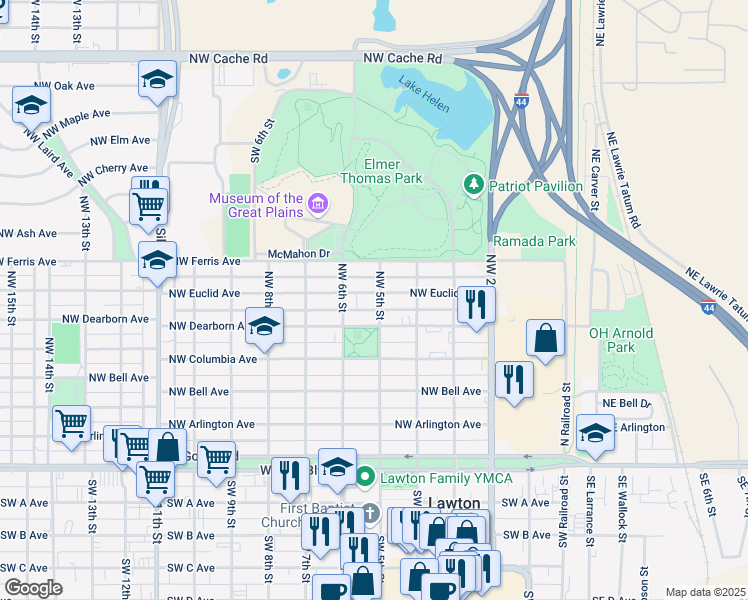 map of restaurants, bars, coffee shops, grocery stores, and more near 501 Northwest Dearborn Avenue in Lawton