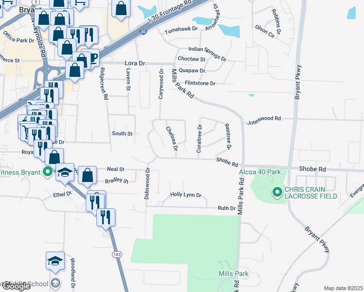 map of restaurants, bars, coffee shops, grocery stores, and more near 805 Shobe Road in Bryant