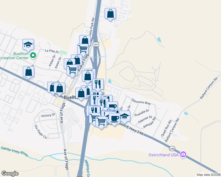 map of restaurants, bars, coffee shops, grocery stores, and more near in Buellton
