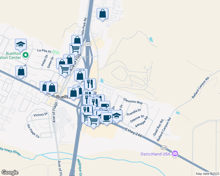 map of restaurants, bars, coffee shops, grocery stores, and more near 535 Covelo Lane in Buellton