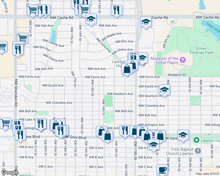 map of restaurants, bars, coffee shops, grocery stores, and more near 1311-1313 Northwest Dearborn Avenue in Lawton