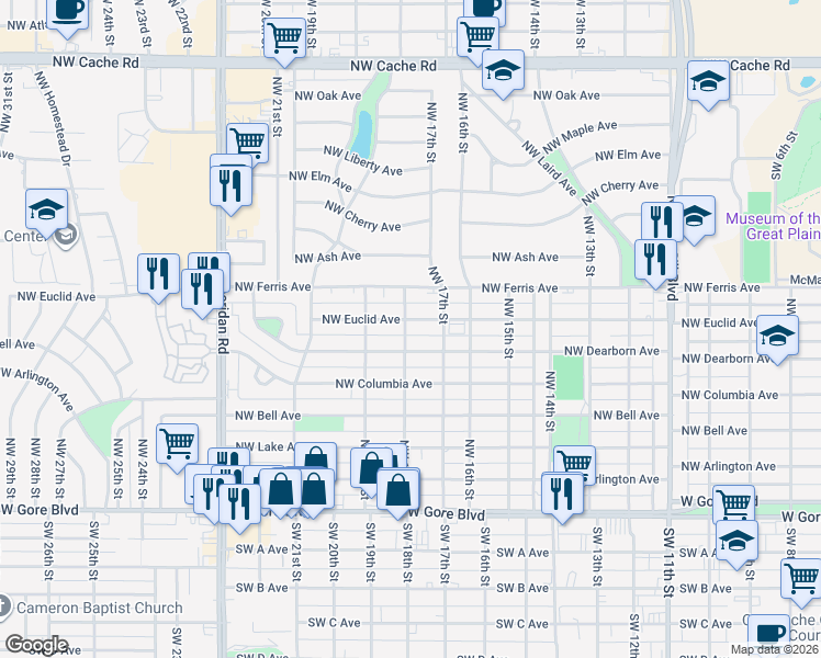 map of restaurants, bars, coffee shops, grocery stores, and more near 1713 Northwest Dearborn Avenue in Lawton