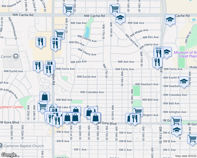 map of restaurants, bars, coffee shops, grocery stores, and more near 1713 Northwest Dearborn Avenue in Lawton