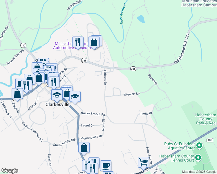 map of restaurants, bars, coffee shops, grocery stores, and more near 139 Stewart Lane in Clarkesville