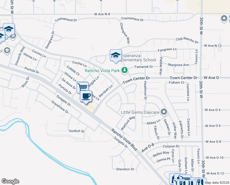 map of restaurants, bars, coffee shops, grocery stores, and more near 40333 Preston Road in Palmdale