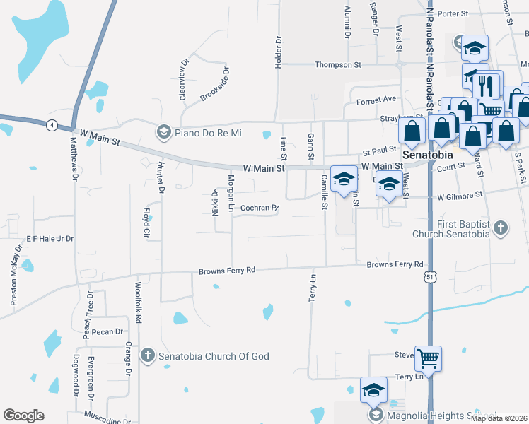 map of restaurants, bars, coffee shops, grocery stores, and more near 336 Cochran Place in Senatobia