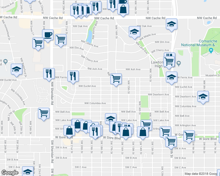 map of restaurants, bars, coffee shops, grocery stores, and more near 607 Northwest 17th Street in Lawton