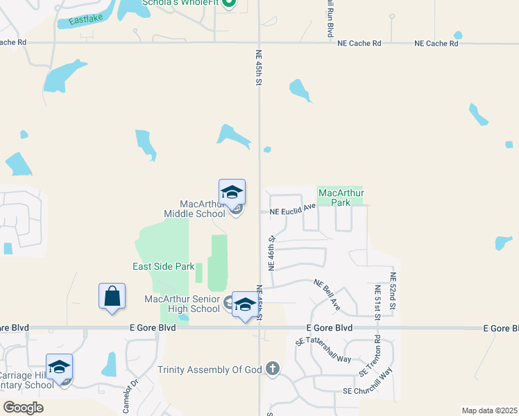 map of restaurants, bars, coffee shops, grocery stores, and more near 510 Northeast 45th Street in Lawton