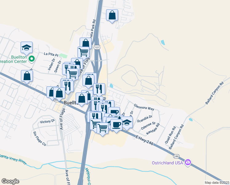 map of restaurants, bars, coffee shops, grocery stores, and more near 201 Deming Way in Buellton