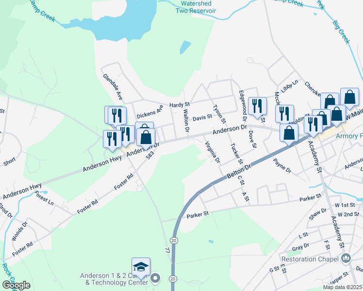 map of restaurants, bars, coffee shops, grocery stores, and more near 1300 Anderson Drive in Williamston