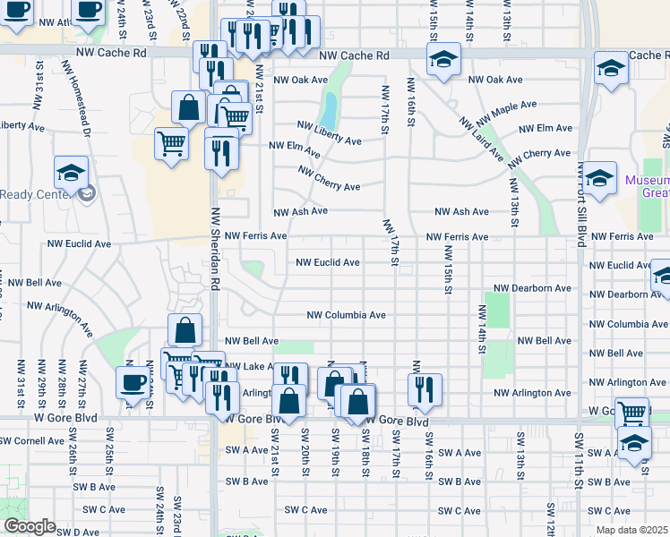 map of restaurants, bars, coffee shops, grocery stores, and more near 1814 Northwest Euclid Avenue in Lawton