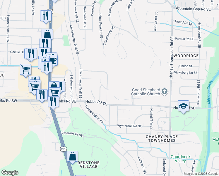 map of restaurants, bars, coffee shops, grocery stores, and more near 550 Farmingdale Road Southeast in Huntsville