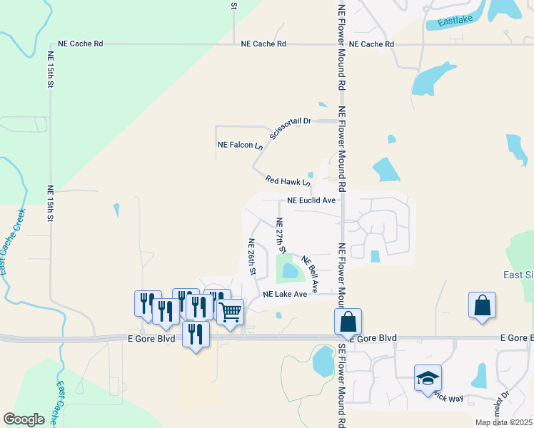 map of restaurants, bars, coffee shops, grocery stores, and more near 2611 Northeast Euclid Avenue in Lawton