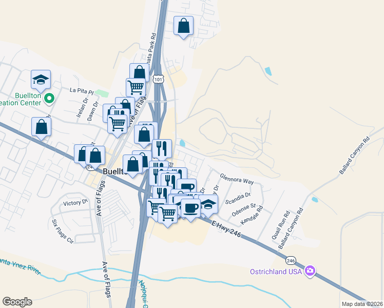 map of restaurants, bars, coffee shops, grocery stores, and more near 233 Deming Way in Buellton