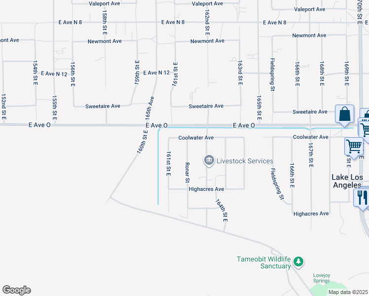 map of restaurants, bars, coffee shops, grocery stores, and more near 16125 Coolwater Avenue in Palmdale