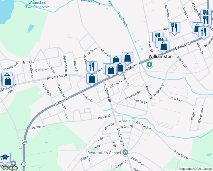 map of restaurants, bars, coffee shops, grocery stores, and more near 102 Belton Drive in Williamston