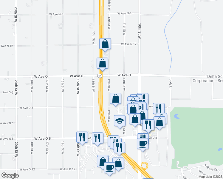 map of restaurants, bars, coffee shops, grocery stores, and more near 40304 12th Street West in Palmdale