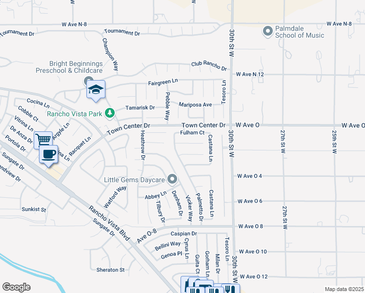map of restaurants, bars, coffee shops, grocery stores, and more near 3228 Lennox Court in Palmdale