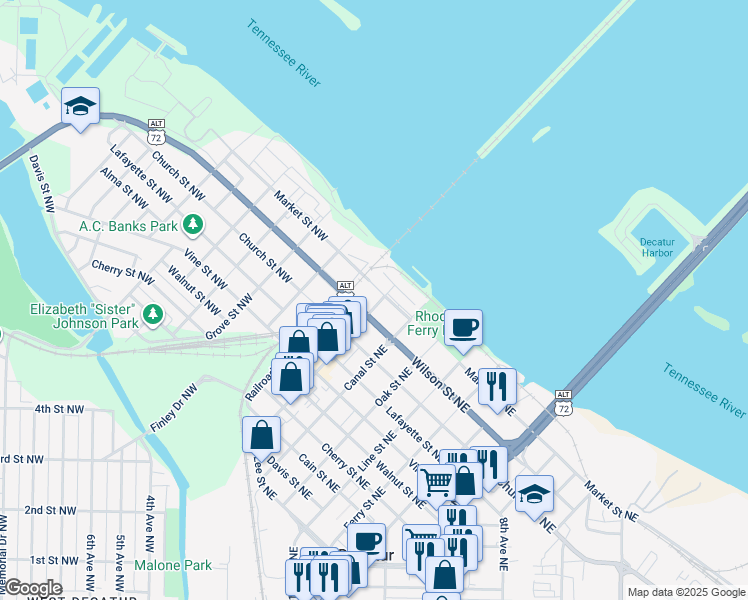 map of restaurants, bars, coffee shops, grocery stores, and more near 7 Harborview Court Northeast in Decatur