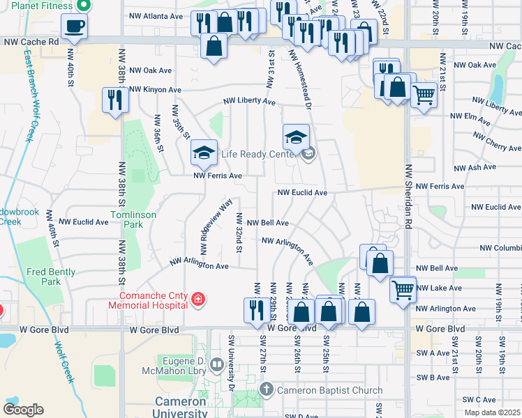 map of restaurants, bars, coffee shops, grocery stores, and more near 407 Northwest 31st Street in Lawton