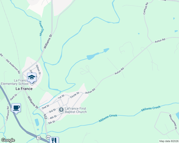 map of restaurants, bars, coffee shops, grocery stores, and more near 122 Donald Drive in Pendleton