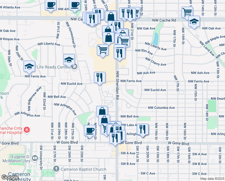 map of restaurants, bars, coffee shops, grocery stores, and more near 602 Northwest Sheridan Road in Lawton