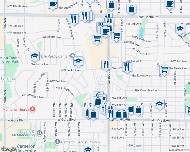 map of restaurants, bars, coffee shops, grocery stores, and more near 402 Northwest Sheridan Road in Lawton