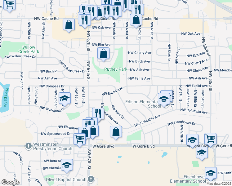 map of restaurants, bars, coffee shops, grocery stores, and more near 352 Northwest Compass Drive in Lawton