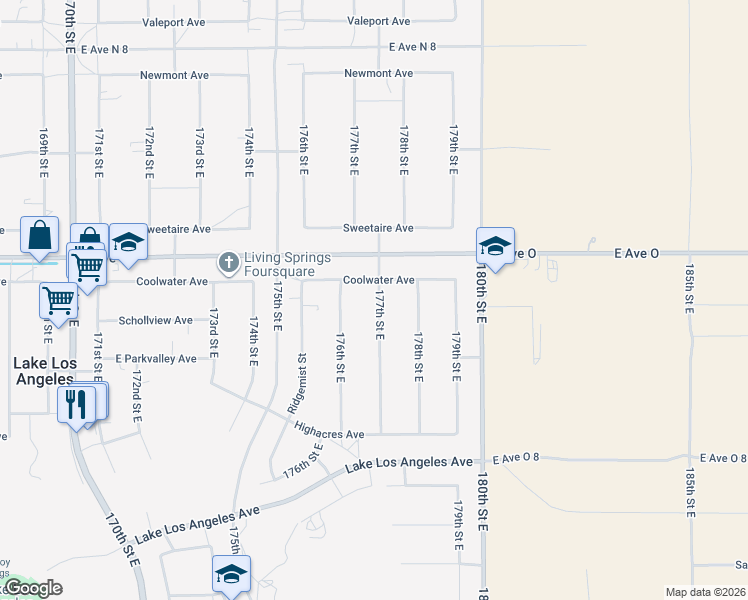 map of restaurants, bars, coffee shops, grocery stores, and more near 40315 177th Street East in Palmdale