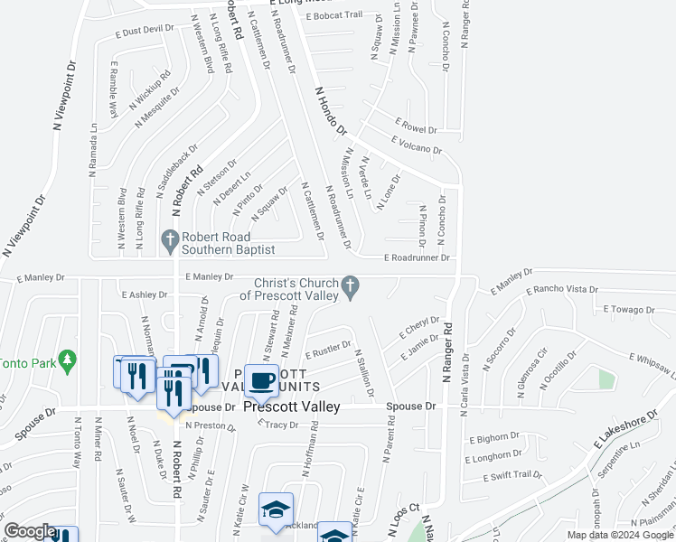 map of restaurants, bars, coffee shops, grocery stores, and more near 8660 East Manley Drive in Prescott Valley