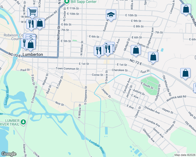 map of restaurants, bars, coffee shops, grocery stores, and more near 901-999 Coree Street in Lumberton
