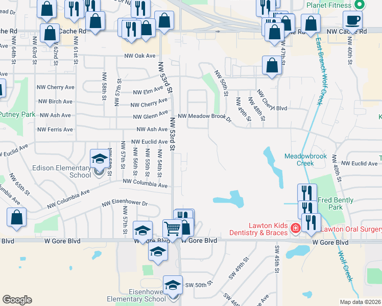 map of restaurants, bars, coffee shops, grocery stores, and more near 439 Northwest 53rd Street in Lawton