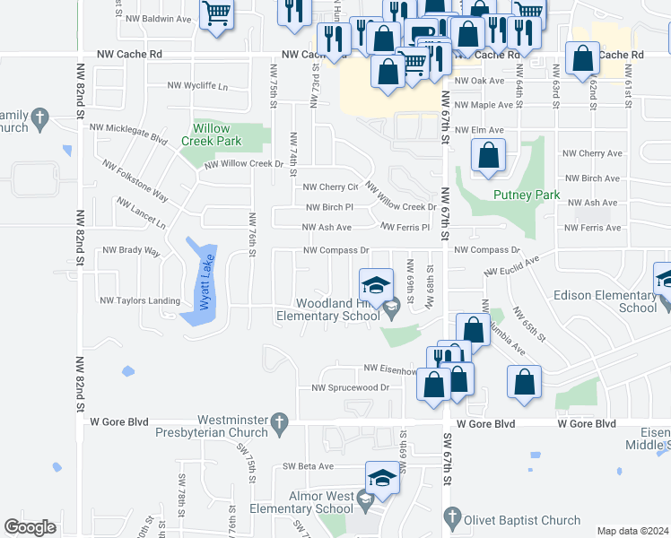 map of restaurants, bars, coffee shops, grocery stores, and more near 419 Northwest 73rd Street in Lawton