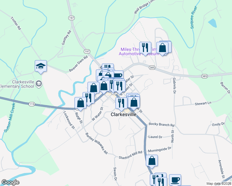 map of restaurants, bars, coffee shops, grocery stores, and more near 1406 Washington Street in Clarkesville
